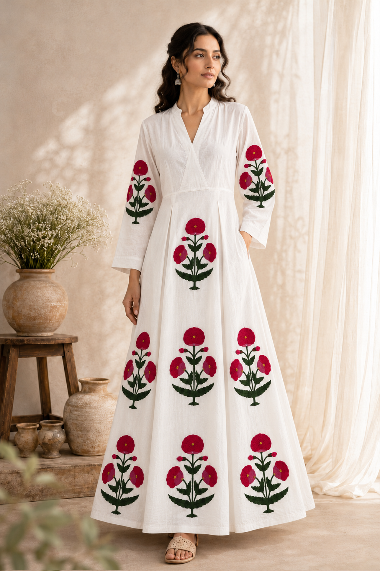 Untitled-3-1 Crimson Poppy White Long Flared Dress - Image 1